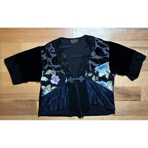 Vtg Spencer Alexis Kimono Top Women L Black Velvet Mixed Media USA